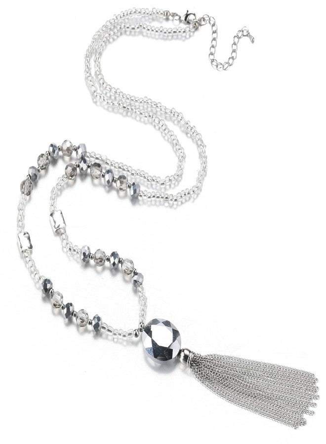 BULINLIN Boho Beaded Long Necklaces for Women Chunky Bead Pendant Necklace with Crystal Tassel Costume Jewelry Gifts for Her(Silver) - Image 1